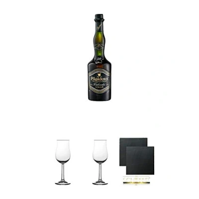 Abbildung von Papidoux Calvados V.S.O.P. Frankreich 0,7 Liter + 2 Bugatti Nosing Gläser mit Eichstrich 2cl und 4 cl Schiefer Glasuntersetzer eckig ca. 9,5 cm Ø