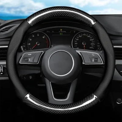 Abbildung von Autsop Lenkradbezug Auto Schwarz Nappa Perforiertes Leder,Kohlefaser Universal Größe 14.5 15 Zoll (37 39cm) Lenkradhülle für Sommer &amp; Winter Zubehör Interieur