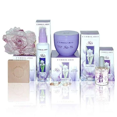 Abbildung von L &#039;Erbolario IRIS Geschenkbox in Originalverpackung (Duschgel 250 ml, Körpercreme 300 Parfüm 50 Seife 100 gr)