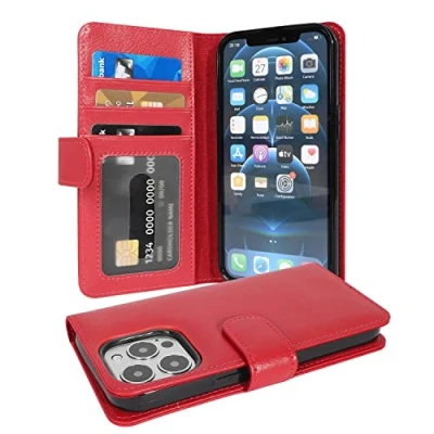 Abbildung von Cadorabo Hülle kompatibel mit Apple iPhone 13 PRO aus Premium Kunst Leder Flip Klappbare Stoßfeste Magnetische [Standfunktion] [Kartenfächern] Cover für Tasche in Rot