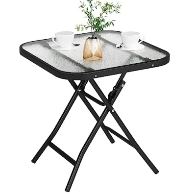 Abbildung von eSituro Klapptisch, Beistelltisch klappbar, Balkontisch Campingtisch Gartentisch Bistrotisch, mit Metallrahmen, rechteckige Tischplatte aus gehärtetem Glas, 46x46x48cm, Schwarz+transparent SCPT0042