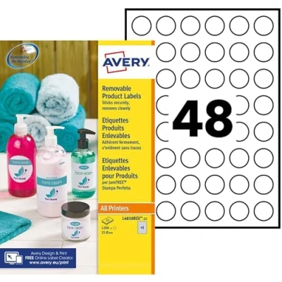 Abbildung von Avery Selbstklebende abnehmbare runde Etiketten, 1200 weiße Etiketten 48 pro Bogen