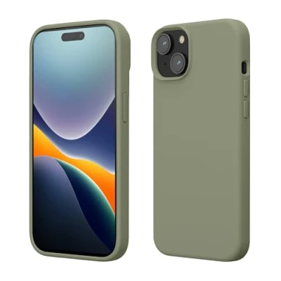 Abbildung von kwmobile Hülle für das iPhone 15 Silikon Handy Case stoßfeste Handyhülle mit weicher Oberfläche Graugrün