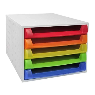 Abbildung von Exacompta 221098D Premium Ablagebox mit 5 offenen Schubladen für DIN A4+ Dokumente. Belastbare Schubladenbox hoher Kapazität mehr Platz auf dem Schreibtisch The Box Harlekin bunt