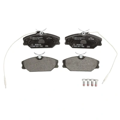 Abbildung von BOSCH 0 986 461 765 Bremsbelagsatz Low Metallic mit integriertem Verschleißsensor Anti Quietsch Blech, Schrauben Zubehör