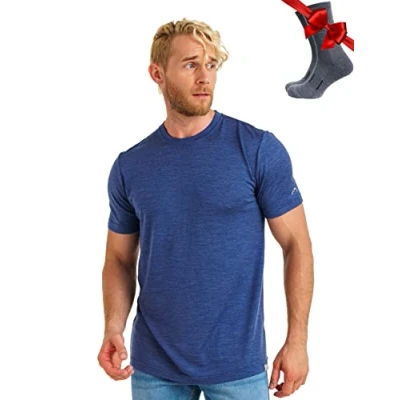 Abbildung von Premium Merino Shirt Herren Kurzarm Thermooberteile 100% Unterwäsche + Wanderwollsocken (X Large, Chicago Blues)
