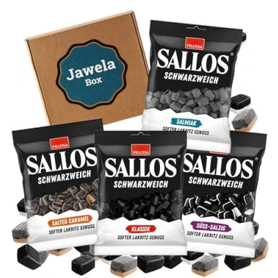 Abbildung von Sallos schwarzweich Mix Probierset 4 x 200g softes Weichlakritz: Klassik, Salmiak, Salted Caramel, Süß Salzig Jawela Set vegan glutenfrei Probierpaket