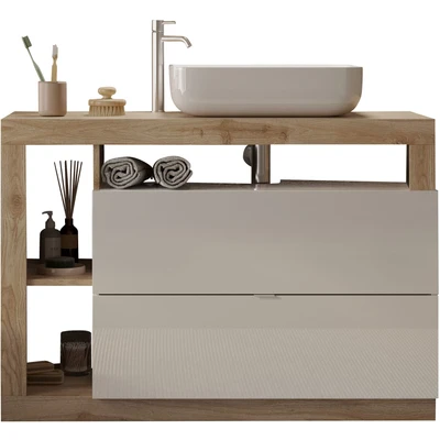 Abbildung von welltime Waschtisch &quot;Hamburg&quot;, 2 Schubkästen, Breite 110 cm, Soft Close, inkl. Keramik Aufsatzbecken