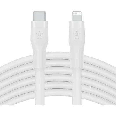Abbildung von Belkin BoostCharge Flex Silikon USB C/Lightning Kabel, 3 m, MFi zertifiziert, 20 W, zum Schnellladen mit PD Power Delivery für iPhone 14/14 Plus, 13, 12, Pro, Max, mini, SE und andere Geräte Weiß