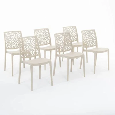 Abbildung von RATTATAN Anna Stühle aus glasfaserverstärktem Harz, stapelbar, für den Innen und Außenbereich geeignet, mit einem von Blättern inspirierten Rückendesign (6, Creme)