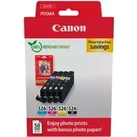 Abbildung von Canon CLI 526 C M Y BK Vorteilspack 4 Tintenpatronen (Schwarz, Cyan, Magenta, Gelb) Original +50 Blatt 10x15cm Photo Paper [Umweltfreundliche Recycle Kartonverpackung 2024]