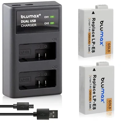 Abbildung von Blumax 2X Gold Edition Akku LP E8 1260mAh + Dual Ladegerät USB kompatibel mit Canon EOS 550D 600D 650D 700D