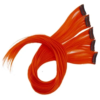 Abbildung von CAISHA 5 Teile Set 60cm Bunte Strähne Strähnchen Clip in Extension Haarverlängerung Glatt Langhaar Haarteil Orange BST110