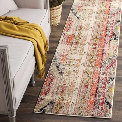 Abbildung von SAFAVIEH Boho Teppich für Wohnzimmer, Esszimmer, Schlafzimmer Monaco Collection, Kurzer Flor, Hellgrau und Multi, 80 x 180 cm