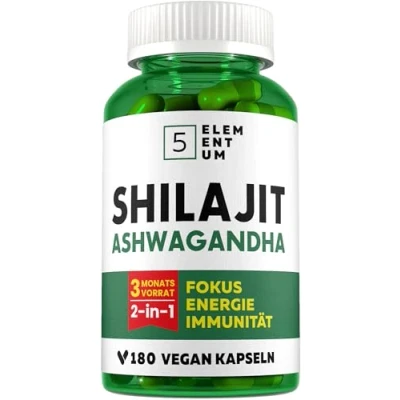 Abbildung von 5 Elementum Mumijo Shilajit 180 Kapseln, hochdosiert aus dem Himalaya Laborgetestet à 96 g