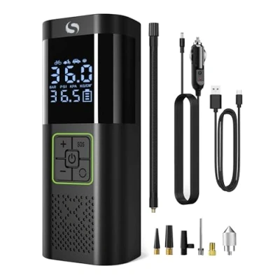 Abbildung von SERVOMASTER Elektrische Luftpumpe Akku 150PSI 12V DC, Tragbar Mini Kompressor mit Manometer, Auto Zubehör für Männer, Fahrrad LED Motorrad Bälle, Black Green