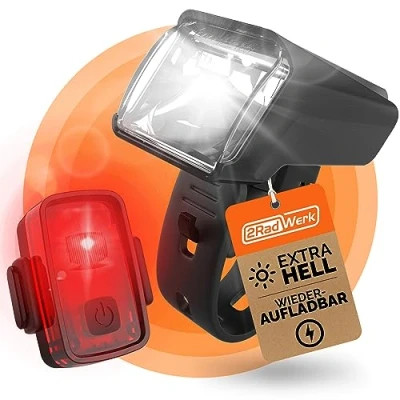 Abbildung von 2RadWerk, ED Fahrradleuchtenset, StVZO zugelassen, Fahrradbeleuchtung umschaltbar 15 35 Lux, Bike Light, Schwarz