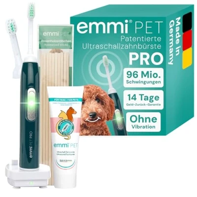 Abbildung von emmi pet PRO Ultraschall Zahnbürste für Hunde Geräuschlose Hundezahnbürste &amp; Katzenzahnbürste ohne Schrubben mit 96 Mio. Schwingungen, 12 Tage Akkulaufzeit Gegen Zahnstein Entzündungen