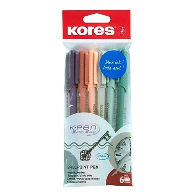 Abbildung von Kores K0R M: Kugelschreiber mit blauer Semi Gel Tinte im Vintage Design, 1 mm Schriftbreite für softes Schreiben, dreieckige ergonomische Form, Schul und Bürobedarf, 6 Stück