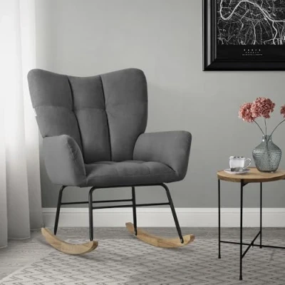 Abbildung von ML Design Schaukelsessel Dunkelgrau, Schaukelstuhl Frottee Optik Bezug, Gepolsterter Schwingsessel mit Holzkufen, Relaxsessel Armlehnen für Wohnzimmer/Schlafzimmer/Balkon, Relaxstuhl Ohrensessel