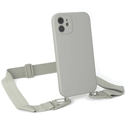 Abbildung von EAZY CASE Handykette Silikon mit Karabiner kompatibel iPhone 12 Handyhülle breitem Umhängeband, Handykordel Silikon, Hülle Band, Kette für Smartphone, Gurt, Taupe Clips