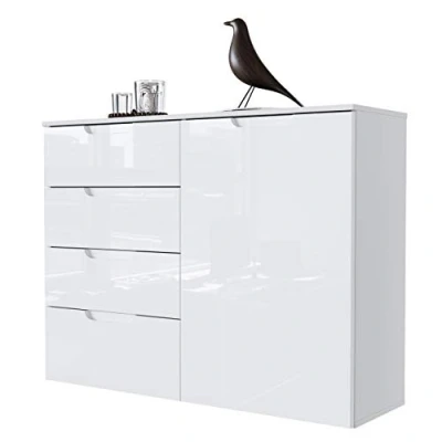 Abbildung von Newfurn Kommode Weiß Hochglanz Sideboard Landhaus Modern 109,9x84,9x34,1 cm (BxHxT) Highboard Anrichte Wohnzimmer Schlafzimmer Flur Esszimmer