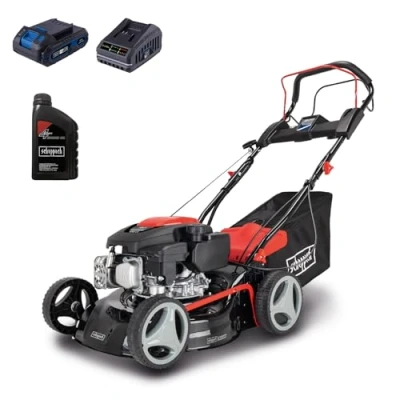 Abbildung von Scheppach Rasenmäher RM420AE 5in1 3,5PS Schnittbreite 420mm 45L Fangkorb Schnitthöhenverstellung 25 75 mm inkl. E Start, Radantrieb, Reinigungsfunktion &amp; Motoröl