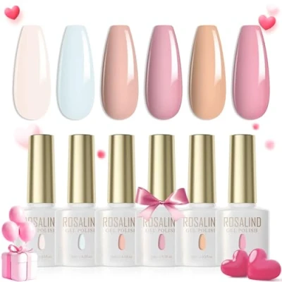 Abbildung von ROSALIND UV Nagellack Pastell,6 Farben Hellrosa Hellblau Rosa Nude Jelly Shellac Set Farbgel Für Gelnägel LED Gel Nail Polish Valentinstag Lampe Nagel Salon Design