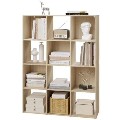 Abbildung von eSituro Bücherregal mit 12 Fächern, freistehendes Würfelregal, Raumteiler Regal offen, Standregal modern, für Wohnzimmer, Kinderzimmer, Büro, Schlafzimmer, 91x120x29 cm, helle Eiche