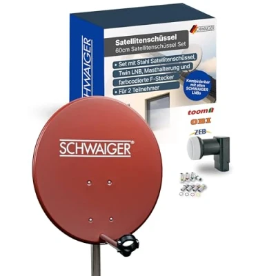 Abbildung von SCHWAIGER 494 SAT Anlage Satelliten Set Satellitenschüssel Twin LNB digital 8X F Stecker 7mm Antenne aus Aluminium Komplettset Ziegelrot 55 x 62 cm