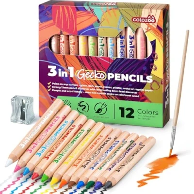 Abbildung von colozoo Gecko Wood 3 In 1 Dicke Bunstifte Kinder 12 Farben Malstifte Set inklusive Pinsel und Anspitzer Ungiftige Vegane Stifte für ab Jahren