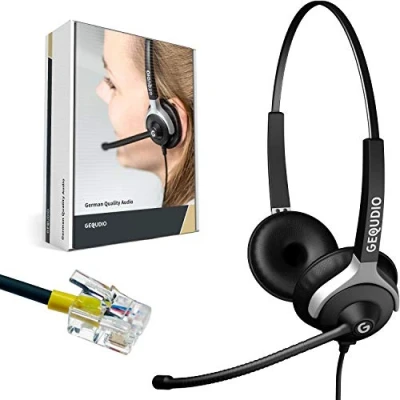 Abbildung von GEQUDIO Headset für GX und GZ Serie kompatibel GX5+ GX7+ 2 6 8, Poly/Polycom Gigaset RJ Telefon inklusive Kabel Kopfhörer &amp; Mikrofon mit Ersatz Polster 80g leicht (2 Ohr)