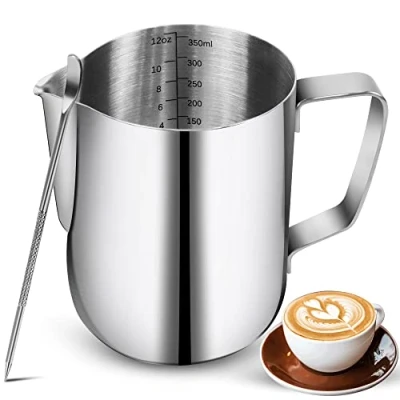 Abbildung von Milchaufschäumkrüge, 350 ml 12oz, Edelstahl Espresso Dampfkrüge mit Dekorationsstift, Kaffee, Milchaufschäumer, Tasse Skala, Cappuccino, Latte, Art, Barista, Dampfkrüge, Milchaufschäumer