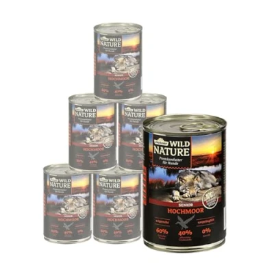 Abbildung von Dehner Wild Nature Hundefutter Hochmoor, Nassfutter getreidefrei / zuckerfrei, für ältere Hunde, Ente, 6 x 400 g Dose (2.4 kg)