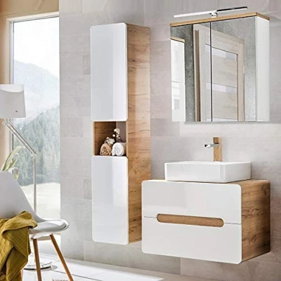 Abbildung von Lomadox Badezimmermöbel Set mit Keramik Waschtisch 80 cm Unterschrank, Hochglanz weiß Wotan Eiche Nb., Hochschrank und LED Spiegelschrank