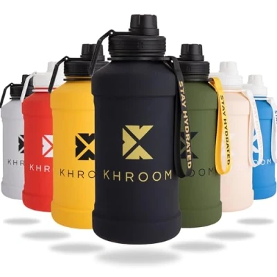 Abbildung von Khroom Trinkflasche Edelstahl 1,3L &amp; 2,2L, Sport Gym Outdoor, 2 Liter XXL Wasserflasche, BPA frei, auslaufsicher, bruchsicher, Kohlensäure geeignet