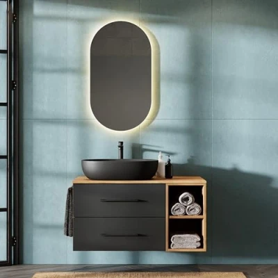 Abbildung von Planetmöbel LUX Badmöbel Set Waschbecken mit Unterschrank 100 cm, Aufsatz 60 cm schwarz, Spiegel 50 (ohne LED), Waschbeckenunterschrank Gold Eiche/Anthrazit