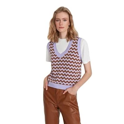 Abbildung von TRENDYOL Damen V hals mønster almindelig strikket vest Sweater, Lila, S EU