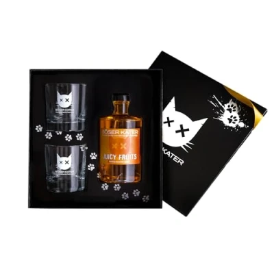 Abbildung von Böser Kater Juicy Fruits Likör Geschenkset mit 2 Gläsern Sommerlicher Früchte Noten von Mango &amp; Zitrone purer Genuss, Cocktails oder Spritz Aperitif Perfekte Geschenkidee 0,5l 20% Vol.