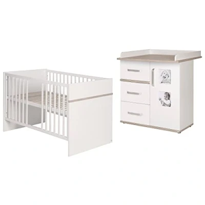 Abbildung von roba Kindermöbelset &#039;Moritz&#039;, 2 teilig, Kinderbett 70x140cm &amp; Wickelkommode schmal, weiß, Luna Elm&#039;