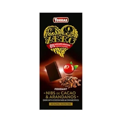 Abbildung von Torras Zero Schokolade, Schokolade ohne Zuckerzusatz, zuckerreduzierte Dunkle Kakao Nibs mit Cranberries, Tafel (125g)