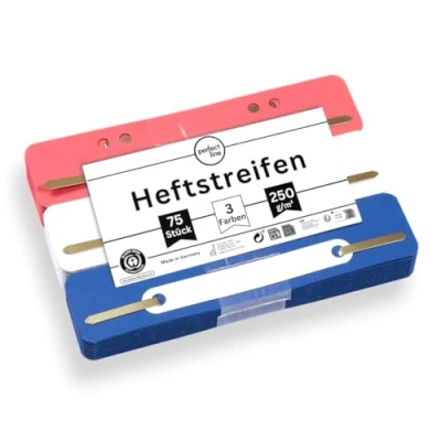 Abbildung von perfect line 75 Heftstreifen Pappe, recycling Karton, 250 g/m², 3 Farben (Rot, Blau, Weiß), Made in Germany, Blauer Engel zertifiziert