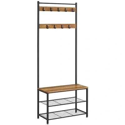 Abbildung von VASAGLE Garderobenständer, Kleiderständer mit Schuhablagen, Schuhregal Sitzfläche, für Flur, Haken, 3 Ablagen, aus Metall, Höhe 177 cm, Industrie Design, walnussbraun schwarz HSR041B41