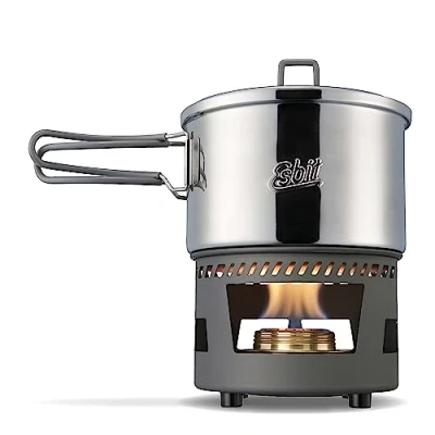 Abbildung von Esbit Spirituskochset inkl. 1500 ml Topf Edelstahl Deckel mit Deckelaufhängung Spiritusbrenner Flammenregulierer Klappgriff