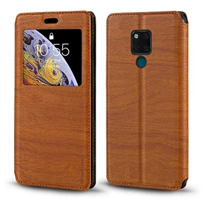 Abbildung von Shantime Huawei Mate 20 X Hülle, Holzmaserung Leder Hülle mit Kartenfach und Fenster, Magnet Flip Cover für 5G Braun