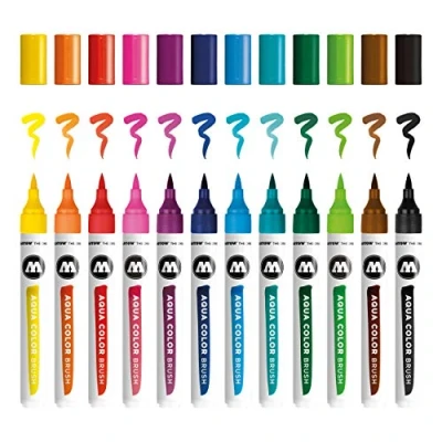 Abbildung von Molotow Aqua Color Brush (Brush Pen Marker Basic Set 1, Pinsel Spitze für Aquarellieren und Handlettering) 12 Stück sortiert