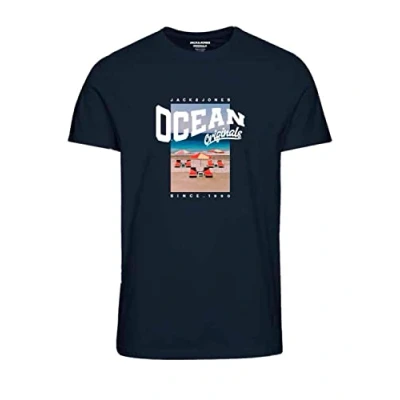 Abbildung von Jack &amp; Jones Jorbooster TEE CREW NECK DROP Tshirt print, Herren, Größe: Small, Navy blazer
