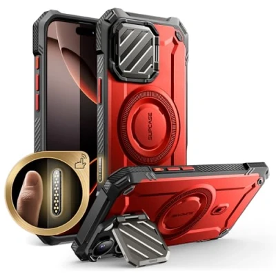Abbildung von SupCase für iPhone 16 Pro Max Hülle mit Kameraschutz [Kompatibel MagSafe] Dünne Handyhülle Bumper Case Magnetische Schutzhülle Ständer [UB Mag XT] 6.9&#039;&#039; 2024 (Rot)