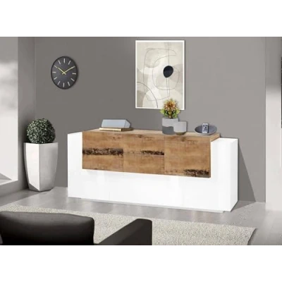 Abbildung von Dmora Modernes Sideboard mit 5 Türen und 2 Schubladen, Made in Italy, Küchen Sideboard, Wohnzimmer Design Buffet, 220x45h86 cm, Glanzweiß Ahornfarbe