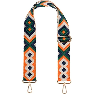 Abbildung von styleBREAKER Taschen Schulterriemen verstellbar mit Buntem Ethno Muster, Wechsel Taschengurt, Karabiner, Handyband 02013024, Farbe:Dunkelgrün Orange Dunkelblau